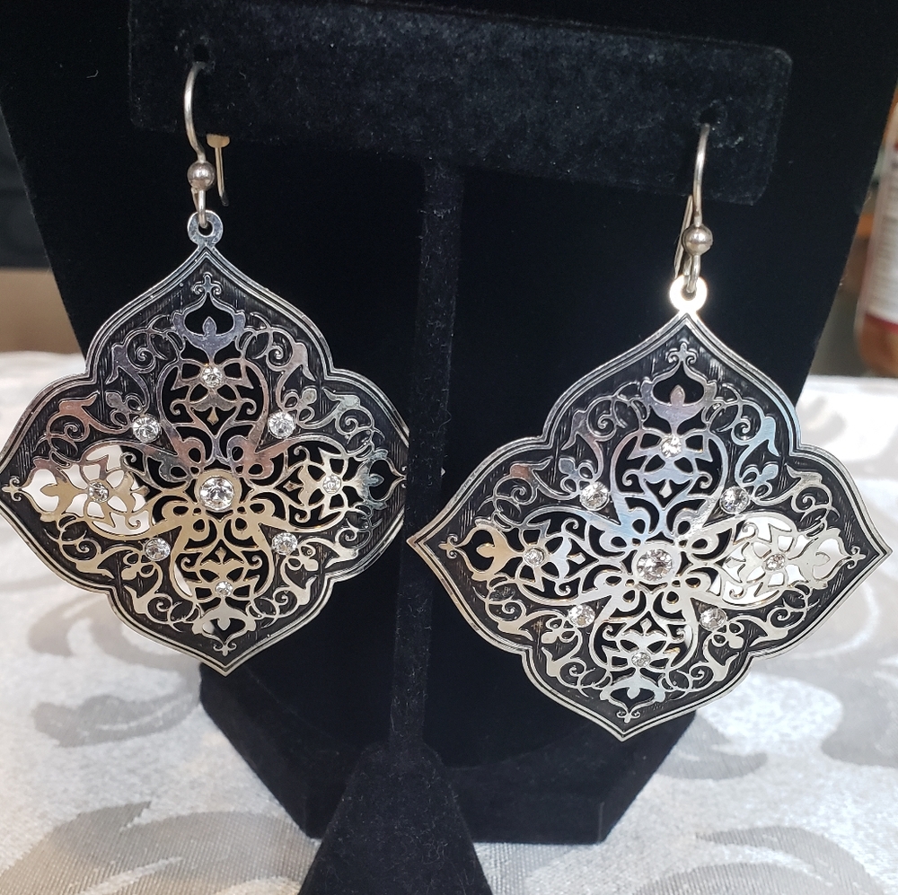 Earrings, large silver and black with clear crystals - Picture 2 of 3